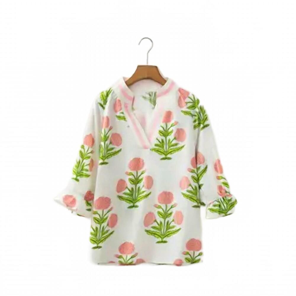 NEW LITTLE DAISY CLOSET women's floral blooms collared v neck top - plus in whit